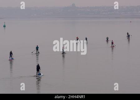 Southend on Sea, Essex, Großbritannien. 23rd Januar 2022. Der Morgen ist bedeckt und nebelig über der Themse Mündung angebrochen, das Wasser ist sehr still und hat wenig Wind. Eine Paddleboarding-Gruppe war schon früh an der Mündung unterwegs und sieht, wie sie bei Ebbe nach dem Southend Pier in Richtung Chalkwell zurückkehrt Stockfoto