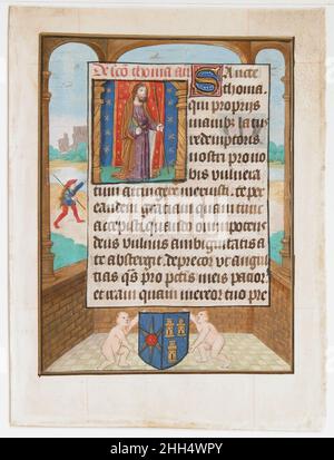 Manuskriptblatt mit dem Heiligen Thomas, aus einem Stundenbuch ca. 1500 Niederländisch. Manuskriptblatt mit dem heiligen Thomas, aus einem Stundenbuch 467519 Stockfoto