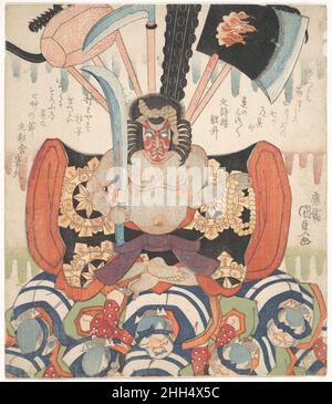 Benkei as Fudō Myōō VII. Danjūrō 1824 Utagawa Kunisada der Japaner Benkei ist ein bewaffneter und mutiger Krieger. Auf einem Haufen von Menschen sitzend, präsentiert diese Figur überlappende Bilder der übermächtigen Helden Benkei und Fudō Myōō (unbeweglicher Hüter König des buddhistischen Gesetzes), die ein Schwert und einen Rosenkranz in der Hand halten. Fudō Myōō, besonders im Tempel von Shinshōji in Narita, ist ein Beschützer der Ichikawa-Familie. Dieser Surimono, ein privat in Auftrag gegebener Druck, könnte ein Neujahrsgeschenk gewesen sein, um die Geburt der Zukunft zu feiern Danjūrō VIII.. Danjūrō VII's Benkei as Fudō Myōō 54383 Stockfoto