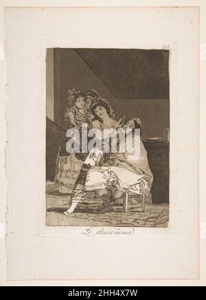 Platte 35 von 'Los Caprichos': Sie flüchtet ihm (Le descañona.) 1799 Goya (Francisco de Goya y Lucientes) Spanisch. Platte 35 von 'Los Caprichos': Sie flüchtet ihm (Le descañona.) 380469 Künstler: Goya (Francisco de Goya y Lucientes), Spanisch, Fuendetodos 1746?1828 Bordeaux, Platte 35 aus 'Los Caprichos': Sie flieht ihm (Le desca?ona.), 1799, Radierung und brüniertes Aquatinta, Platte: 8 7/16 in. ? 6 Zoll (21,4 ? 15,2 cm) Blatt: 11 5/8 x 8 1/4 Zoll (29,5 x 20,9 cm). Das Metropolitan Museum of Art, New York. Schenkung von M. Knoedler & Co., 1918 (18,64(35)) Stockfoto