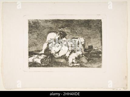 Tafel 10 aus 'die Katastrophen des Krieges' (Los Desastres de la Guerra): 'Das tun wir auch nicht.' (Tampoco.) 1810 Goya (Francisco de Goya y Lucientes) Spanisch. Tafel 10 aus 'die Katastrophen des Krieges' (Los Desastres de la Guerra): 'Das tun wir auch nicht.' (Tampoco). Goya (Francisco de Goya y Lucientes) (Spanisch, Fuendetodos 1746–1828 Bordeaux). 1810. Radierung, Burin (Proof Impression vor dem Hinzufügen der Beschriftung). Ausdrucke Stockfoto