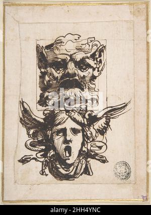 Design für zwei Masken in Satyr-Form und einen geflügelten Medusa-Kopf 1732–1802 Carlo Bianconi Italienisch. Design für zwei Masken in Satyr-Form und einen geflügelten Medusa-Kopf 342051 Stockfoto