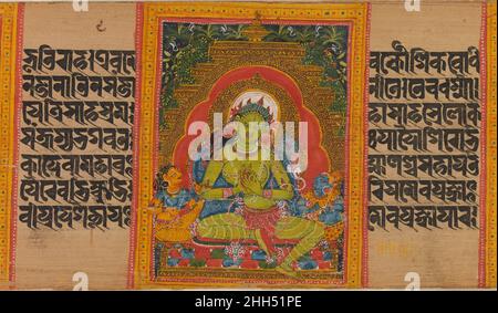 Grüne Tara, Folio aus einer verstreuten Ashtasahasirika Prajnaparamita (Perfektion der Weisheit) Manuskript Anfang des 12th. Jahrhunderts Indien (Bengalen) oder Bangladesch bewahrtes Bild der grünen Tara mit einem hängenden Bein und zeigt einen blauen Lotus, mit zwei weiblichen Begleitern, einer hält einen Vajra; der andere, Mahakali, hält ein flaschendes Messer und einen Schädelbecher (Kapala). Grüne Tara, Folio aus einer zerstreuten Ashtasahasirika Prajnaparamita (Vollkommenheit der Weisheit) Manuskript 74911 Stockfoto