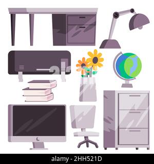 Büroartikel Objekt Element Sammlung in Kinder Kinder Stil Tisch Drucker Stuhl Lampe Aufbewahrungsschrank Stock Vektor