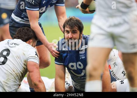 MANCHESTER, GROSSBRITANNIEN. JAN 23rd Lood de Jager of Sale Sharks beim European Champions Cup Spiel zwischen Sale Sharks und Ospreys im AJ Bell Stadium, Eccles am Sonntag, 23rd. Januar 2022. (Kredit: Pat Scaasi | MI Nachrichten) Kredit: MI Nachrichten & Sport /Alamy Live Nachrichten Stockfoto