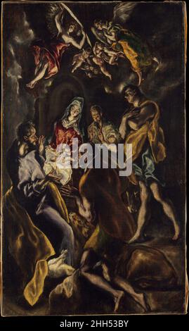 Die Anbetung der Hirten ca. 1612–14 El Greco (Domenikos Theotokopoulos) und Workshop Griechisch Dies ist eine kleinere Version eines Altarbildes von El Greco, gemalt für die Kapelle in Santo Domingo el Antiguo in Toledo, wo er begraben wurde (das Bild befindet sich jetzt im Prado, Madrid). Es ist wahrscheinlich, dass dem Maler für dieses Werk von seinen Assistenten geholfen wurde. Die Anbetung der Hirten. El Greco (Domenikos Theotokopoulos) und Workshop (Griechisch, Iráklion (Candia) 1541–1614 Toledo). Ca. 1612–14. Öl auf Leinwand. Gemälde Stockfoto