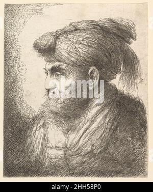 Ein bärtiger Mann mit tasseliertem Kopfschmuck nach links, aus der Serie 'Heads in Oriental headdress' ca. 1648–50 Giovanni Benedetto Castiglione (Il Grechetto) Italienisch Diese Radierung stellt das Motiv eines exotisch-orientalischen Kopfes dar, zu dem Castiglione im Jahr 1640s mehrmals zurückkehrte. Vielleicht teilweise inspiriert von den ausländischen Händlern, die die Hafenstadt Genua besuchten, gehen diese Charakterköpfe auch auf die Drucke von Rembrandt und Jan Lievens zurück. Castiglione produzierte zwei Serien dieser exotischen Typen, sowohl groß als auch klein, in denen er seinen Erfindungsreichtum und seine Fähigkeit, ein R zu produzieren, unter Beweis stellte Stockfoto