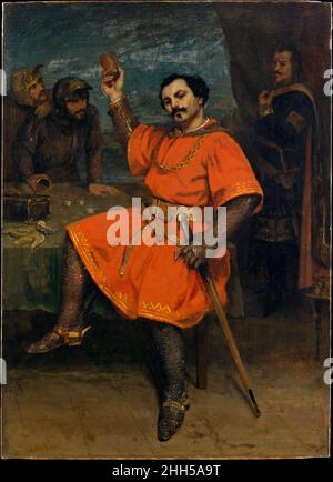 Louis Gueymard (1822–1880) als Robert le Diable 1857 Gustave Courbet Französisch Dieses im Salon von 1857 gezeigte Gemälde zeigt den Tenor Louis Gueymard in seiner berühmtesten Rolle, der Titelrolle von Meyerbeers Oper Robert le Diable. Der Schauplatz ist die Höhle, in der Robert mit zwei Dienern des Teufels würfelt, während sein Vater Bertram, ein böses Genie, auf ihn schaut. In dieser Szene singt Robert über die Gefahren der Goldlust in der gefeierten Arie L’or est une chimère (Gold ist nur eine Illusion). Louis Gueymard (1822–1880) als Robert le Diable. Gustave Courbet (Französisch, Ornans 1819–1877 La Tour-d Stockfoto