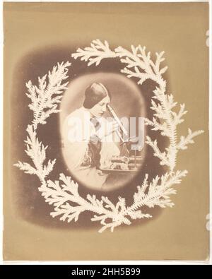 [Thereza Dillwyn Llewelyn mit ihrem Mikroskop] ca. 1854 John Dillwyn Llewelyn Britisch, Walisisch die Grenze von Llewelyns Bild ist ein Fotogramm von Farnen, eine clevere Variation der dekorativen Ränder aus Spitze, geschnittenem Papier oder Tinte und Aquarell, die viele Alben des 19. Jahrhunderts schmückten. In der zentralen Vignette sehen wir die Tochter Thereza (1834-1926) der Fotografin mit ihren Büchern, botanischen Exemplaren und wissenschaftlichen Apparaten. [Etikett für Gilman IV]. [Thereza Dillwyn Llewelyn mit ihrem Mikroskop]. John Dillwyn Llewelyn (British, Swansea, Wales 1810–1882 Swansea, Wales). Ca. 1854. Gesalzenes Papier prin Stockfoto