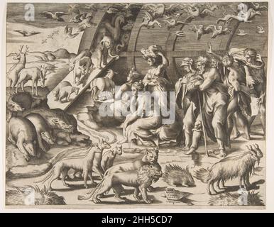 Noah verlässt die Arche 16th Jahrhundert Giulio Bonasone Italienisch. Noah verlässt die Arche 392937 Stockfoto
