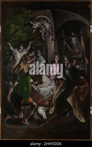 Die Anbetung der Hirten ca. 1605–10 El Greco (Domenikos Theotokopoulos) das späte Werk des Griechen El Greco ist durch eine Tendenz zur Abstraktion und fast tänzerische, unruhige Bewegung gekennzeichnet. Hier zeigen die Gesten der Hirten ihre Erregung und Erstaunen über die Geburt Jesu an. El Greco hat oft Nachbildungen oder Varianten wichtiger Kompositionen angefertigt und dieses Bild – von sehr hoher Qualität – wiederholt die Merkmale eines Gemäldes, das für Juan de Ribera, Patriarch von Antiochien und Erzbischof von Valencia, angefertigt wurde. Die Anbetung der Hirten. El Greco (Domenikos Theotokopoulos) (Griechisch, Iráklion (Candia) Stockfoto