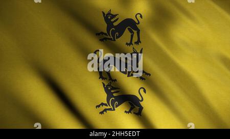 Silhouette von drei wütenden Hunden vertikal auf dem Hintergrund der Entwicklung der goldenen Flagge angeordnet. Animation. Emblem des Hauses Clegane. Konzept von se Stockfoto