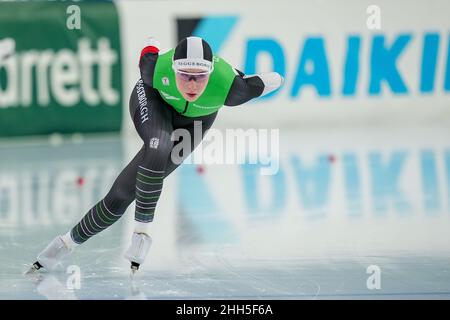 HEERENVEEN, NIEDERLANDE - 23. JANUAR: Michelle de Jong vom Team Reggeborgh beim 500m Sprint der Frau beim 2022 NK Allround & Sprint am 23. Januar 2022 in Heerenveen, Niederlande (Foto: Douwe Bijlsma/Orange Picles Stockfoto