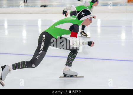 HEERENVEEN, NIEDERLANDE - 23. JANUAR: Michelle de Jong vom Team Reggeborgh beim 500m Sprint der Frau beim 2022 NK Allround & Sprint am 23. Januar 2022 in Heerenveen, Niederlande (Foto: Douwe Bijlsma/Orange Picles Stockfoto