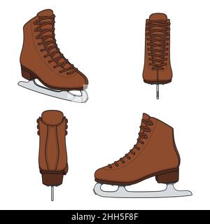 Set von Farbbildern mit braunen Schlittschuhen für Eiskunstlauf. Isolierte Vektorobjekte auf weißem Hintergrund. Stock Vektor