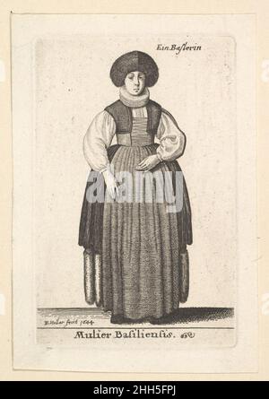 Mulier Basiliensis (Frau von Basel) 1644 (Neudruck 1816) Wenceslaus Hollar Bohemian Eine Basler Frau, die ganz vorne steht und mit der linken Hand auf dem Bauch auf den Betrachter blickt; sie trägt eine Pelzmütze, eine Rüsche, eine kleine Weste über dem geschnürten Mieder und drei Schichten Röcke. Mulier Basiliensis (Frau von Basel) 361505 Stockfoto