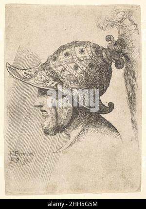 Helmeted Head 1662–78 Francis Place British Head of a Warrior with Schnurrbart and Beard, in profile to left, tragend a plumed helmet decorated with Rosettes, with raished Peak in the Front and prunky kinnband; copy in Reverse by Francis Place after Hollar's Radierung. Behelmter Kopf. Behelmte Köpfe im Profil nach Parmigianino : sechs Platten (New Hollstein 761-766). Nach Wenzel Hollar (Böhmisch, Prag 1607–1677 London). 1662–78. Radierung; Kopie in umgekehrter Reihenfolge von Francis Place. Ausdrucke Stockfoto