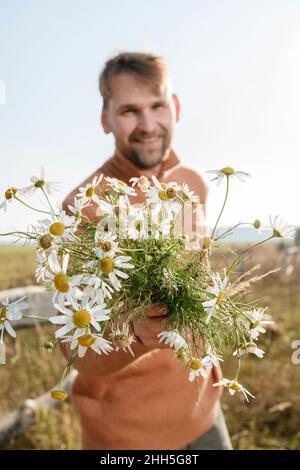 Lächelnder Mann, der frische Kamillenblumen schenkt Stockfoto