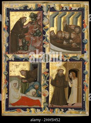 Manuskriptblatt mit Szenen aus dem Leben des heiligen Franz von Assisi ca. 1320–42 in den Quadranten dieses Manuskriptblatts erscheinen italienische Szenen aus der Geschichte des heiligen Franziskus von Assisi, wie sie in der Goldenen Legende – einer Zusammenstellung des Lebens der Heiligen, die im Mittelalter weit verbreitet war – zum Ausdruck kommen. Oben links ist der eingenickte und getragene heilige mit dem charakteristischen Gewand des Franziskanerordens zu sehen: Eine braune Robe mit Kapuze, die an der Taille durch eine geknotete Kordel gesichert ist, und Sandalen. Die Stigmata sind an seinen Füßen und ausgestreckten Händen sichtbar. Er spricht eine Gruppe von Vögeln und zwei timi an Stockfoto