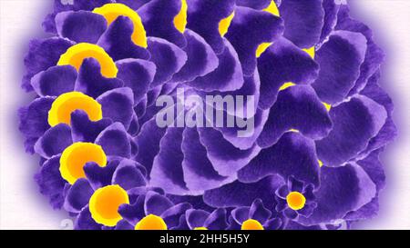 Abstrakte High Definition-CGI-Bewegungshintergründe, ideal für die Bearbeitung, LED-Hintergründe oder Ausstrahlung mit einem gelben und violetten Fraktal wie Blume Stockfoto