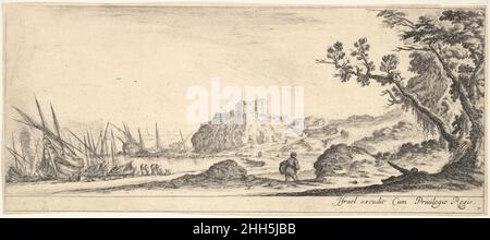 Tafel 7: Verschiedene Boote am Ufer nach links, ein Mann mit einer Tasche, von hinten gesehen und in den Hintergrund gehend, eine Festung im mittleren Hintergrund, ein Baum nach rechts, aus 'verschiedenen Landschaften' (Divers Paysages) ca. 1641 Stefano della Bella Italienisch. Tafel 7: Verschiedene Boote am Ufer nach links, ein Mann mit einer Tasche, von hinten gesehen und in den Hintergrund gehend, eine Festung im mittleren Hintergrund, ein Baum nach rechts, aus 'Various Landscapes' (Divers Paysages) 413301 Stockfoto