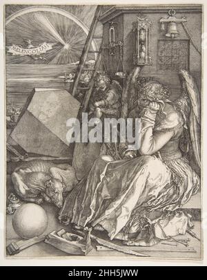 Melencolia I 1514 Albrecht Dürer Deutsch die geflügelte Figur in Melencolia I hat viele Lesungen über ihre lange Geschichte inspiriert, obwohl ihre Verbindungen zu mathematischen Kenntnissen oft hervorgehoben werden. Viele ihrer Ausstattungen sind mittelalterlichen und Renaissance-Allegorien der Geometrie entlehnt, die sie als Frau verkörpern, die an einem von Werkzeugen umgebenen Tisch arbeitet. Am bemerkenswertesten ist vielleicht, dass in der Mitte ein abgeschnittenes Rhomboeder auftaucht, das den Vordergrund – eine Szene voll mit dem Detritus der Messung – vom grenzenlosen Hintergrund eines ruhigen Meeres trennt, das in den Horizont verschwindet, vermutlich das Stockfoto