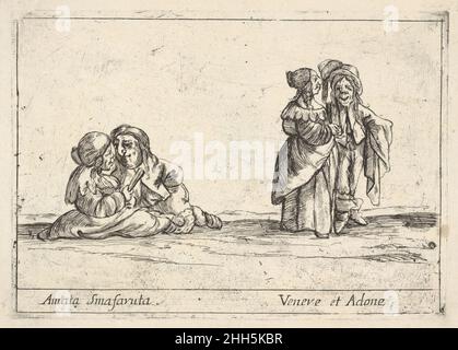 Callot Figuren; zwei sitzende Zwergliebhaberinnen links, die Frau mit einem Fächer, eine alte Zwergfrau, im Profil rechts, stehend mit einem Zwergmann mit langen Haaren rechts, aus 'Six grotesques' (Six pièces de Figures grotesques) 1684 Agostino Mitelli II Italienisch. Callot-Figuren; zwei sitzende Zwergliebhaberinnen links, die Frau mit einem Fächer, eine alte Zwergfrau, im Profil nach rechts, stehend mit einem Zwergmann mit langen Haaren nach rechts, aus 'sechs Grotesken' (sechs pièces de Figures-Grotesken) 397685 Stockfoto