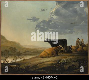 Junge Hirten mit Kühen ca. 1655–60 Aelbert Cuyp Niederländische sonnendurchstreifte Wolken, die über den Himmel ragen, dominieren diese ruhige Landschaft, ein klassisches Beispiel für den leuchtenden Stil, der Cuyp zu einem beliebten Künstler unter Sammlern des 18. Und 19. Jahrhunderts machte. Basierend auf Studien, die in der Natur gemacht wurden, ist das Gemälde dennoch eine Studiokonfektion. Ruhende Nutztiere und Landarbeiter erscheinen als zeitlose Teile der Landschaft in einer beruhigenden Vision für die landbesitzenden Sammler, die eine solch monumentale Szene zeigen können. Junge Hirten mit Kühen 436064 Stockfoto