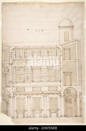 Palazzo Massimo alle Colonne, Kortil, Sektion (recto) Palazzo Massimo alle Colonne , Loggia entablature im ersten Stock, Profilschnitt und Säulenschaft (verso) Anfang bis Mitte des 16th. Jahrhunderts gezeichnet von Anonymous, Französisch, Französisch des 16th. Jahrhunderts. Palazzo Massimo alle Colonne, Kortil, Sektion (recto) Palazzo Massimo alle Colonne , Loggia entablature im ersten Stock, Profilschnitt und Säulenschaft (verso) 360530 Stockfoto