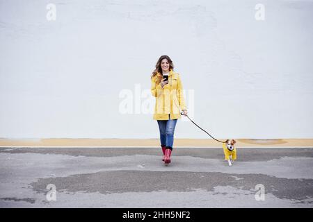 Junge Frau mit Smartphone und zu Fuß mit Hund auf der Straße Stockfoto