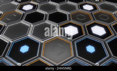 Abstrakte Sechsecke in verschiedenen Farben in Reihen, nahtlose Schleife. Nahaufnahme von geometrischen Figuren aus flachem Metall mit bunten Lampen im Inneren. Stockfoto