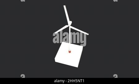 Abstrakte weiße Windmühle Turbine mit rotierenden Rotorblättern isoliert auf schwarzem Hintergrund, nahtlose Schleife. Wind erneuerbare Energie und Ökologie Konzept, monochrom Stockfoto