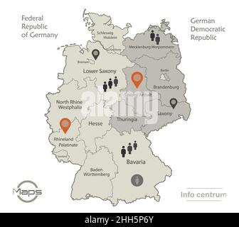 Deutschland Karte aufgeteilt auf West-und Ostdeutschland mit Regionen und Namen Karte, Infografiken und Symbole Vektor Stock Vektor