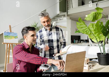 Geschäftsmann mit Windturbinenmodell zeigt auf Laptop und Kollege Stockfoto