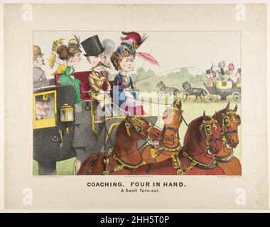 Coaching – vier in der Hand – Ein schwungvoll umrainierter Turn-Out 1876 lithographiert und veröffentlicht von Currier & Ives American. Coaching – vier in der Hand – Eine schwungende Runde 393266 Stockfoto