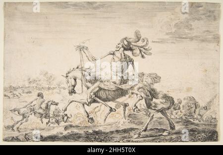Tod auf dem Schlachtfeld, aus den „fünf Toten“ (Les cinq Morts) ca. 1650–64 Stefano della Bella der Italiener Stefano della Bellas erster Satz ovaler Drucke, die den Triumph des Todes illustrieren, beinhaltete eine Schlachtfeldszene. Diese horizontale Version, in der sich der Sensenmann dem Gefecht auf einem Skelettpferd nähert, stammt wahrscheinlich aus den gleichen Jahren. Unser Blatt ist ein Probeeindruck; der Künstler hat in zwei Ideen für die Position des rechten Arms des Todes skizziert, die er im fertigen Druck verwenden würde, und hat eine Reihe von Kriegern in den Hintergrund gesetzt. Offenbar funktionierte della Bella nicht Stockfoto