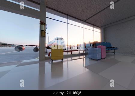 Dreidimensionale Darstellung des am Flughafen hintergebliebenen Gepäcks mit im Hintergrund wartendem Flugzeug Stockfoto