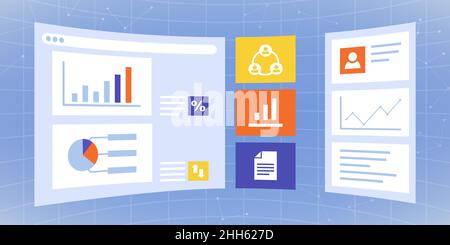 Interaktive VR-Desktop-Bildschirme mit Geschäftsanwendungen: Virtual Reality und innovatives User Interface-Konzept Stock Vektor