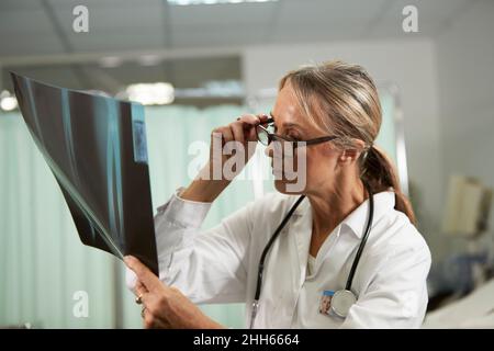 Ärztin mit Brillen, die Röntgenaufnahmen im medizinischen Raum untersuchen Stockfoto