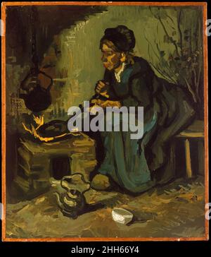 Bauernfrau, die am Kamin kocht 1885 Vincent van Gogh Dutch Dieses Werk wurde im späten Frühjahr 1885 in Nuenen angefertigt, kurz nachdem Van Gogh die Kartoffelesser (Van Gogh Museum, Amsterdam) fertiggestellt hatte, in den gleichen dunklen Farbtönen, die den Künstler an „grüne Seife“ oder „eine wirklich staubige Kartoffel“ erinnerten, Unpeeled Natürlich.“ Van Gogh war "überzeugt, dass es auf lange Sicht bessere Ergebnisse produziert, um [Bauern] in ihrer Grobheit zu malen, als konventionelle Süße einzuführen… Wenn ein bäuerliches Gemälde nach Speck, Rauch, Kartoffeldampf riecht – fein – das ist nicht ungesund – wenn ein stabiler nach Dung riecht – sehr gut, dann ist das ein Sta Stockfoto