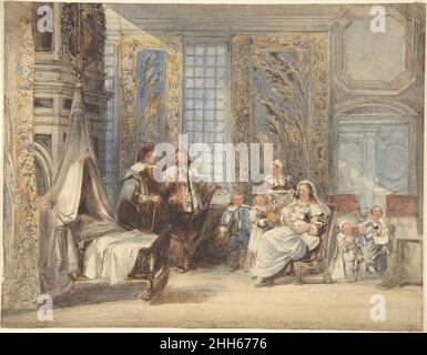 Szene mit Familie und Gast im Innenraum des 17. Jahrhunderts 1825–78 zugeschrieben Joseph Nash British. Szene mit Familie und Gast im Innenraum des 17. Jahrhunderts 363904 Stockfoto