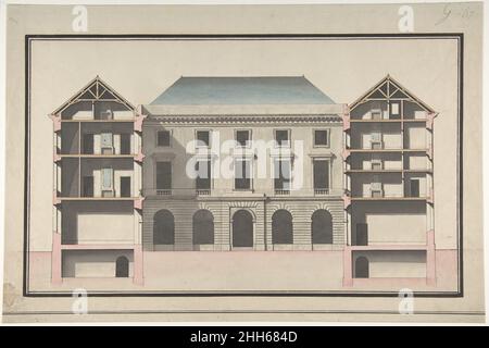 Entwurf für die Collège de France, Paris: Erhöhung der Hoffront mit Traversen-Abschnitten durch seitliche Gerichtsflügel ca. 1772 Jean François Chalgrin Französisch. Entwurf für die Collège de France, Paris: Erhöhung der Front des Gerichts mit Traversen Abschnitten durch Seitenflügel des Gerichtshofes. Jean François Chalgrin (Französisch, Paris 1739–1811 Paris). Ca. 1772. Stift und schwarze Tinte, grau, rosa, blau und braun waschen Stockfoto