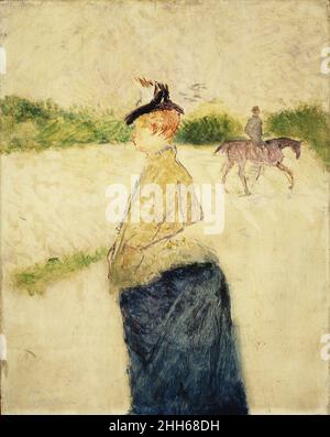 Émilie Ende 1890s Henri de Toulouse-Lautrec Französisch Obwohl Lautrec am besten für seine Darstellungen der lauen Unterhaltungsangebote im Pariser Viertel Montmartre bekannt ist, war er auch von der lebhaften Welt der Rennstrecke fasziniert. Ende 1890s malte er eine Gruppe von Szenen, die Zuschauer und Fahrer in unhandliche Momente einfangen. Hier schuf er eine witzige visuelle Parallele zwischen der übertriebenen, tummelten Silhouette der Frau im Vordergrund und dem Pferd und Reiter hinter ihr. Unten links schrieb Lautrec das Gemälde „an Émilie“ ein; ihre Identität bleibt unbekannt. Émilie 437839 Stockfoto