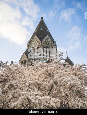 Deutschland, Hamburg, Glockenturm der Johannes-von-Kronstadt-Kirche mit blühenden Kirschblüten im Vordergrund Stockfoto