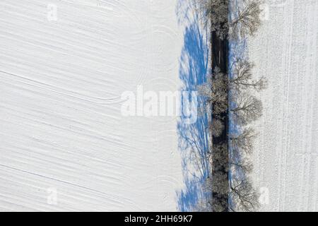 Drohnenansicht des schneebedeckten Feldes und der baumbewachsenen Straße im Winter Stockfoto