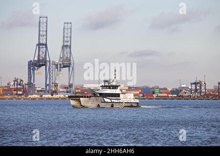 Das Offshore-Energieversorgungs-Schiff Seacat Unschef fährt in Harwich Haven mit dem Hafen Felixstowe im Hintergrund ein. Stockfoto