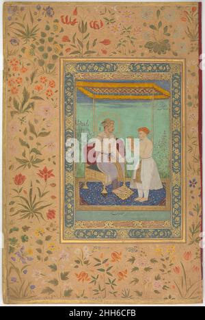 'Jahangir and his Vizier, I'timad al-Daula', Folio aus dem Shah Jahan Album Recto: Ca. 1615; verso: Ca. 1530–45 Gemälde von Manohar während Jahangir (r. 1605–27) und l'timad al-Daula (ein Titel, der "die Anstand des Staates" bedeutet) begrüßen sich in diesem Gemälde formell, sie hatten eine herzliche persönliche Beziehung, denn 1611 hatte die Tochter von l'timad al-Daula Jahangir geheiratet. Aufgrund dieser Verbindung wurde ihr Vater zum Chefminister des Reiches, eine Position, die er bis zu seinem Tod im Jahr 1622 behielt. 'Jahangir and his Vizier, I'timad al-Daula', Folio aus dem Shah Jahan Album 451269 Stockfoto