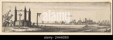Kampen 1642–44 Wenceslaus Hollar Böhmische Fernansicht von Kampen am Ufer des Flusses IJssel; drei Figuren in der Nähe von Galgen im Vordergrund links eine von 12 Ansichten in Deutschland, früher in einem Album, jetzt aufgelehnt. Nach Vertue, diese Drucke auf Zeichnungen aus dem Jahr 1632, als Hollar machte eine Rheinfahrt von Köln.. Kampen 360843 Stockfoto