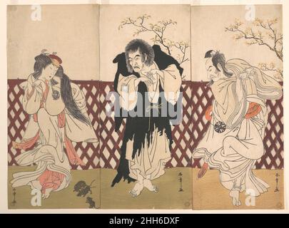 Ichikawa Danjuro IV. In der Rolle des Mönchs Mongaku aus dem Theaterstück Hana-zumo Genji-biki 1775 Katsukawa Shunshō 勝川春章 Japanisch Ichikawa Danjūrō IV als Mönch Mongaku steht im Zentrum dieser Komposition. Nakamura Rikō als Chitose ist auf der linken Seite, Nakamura Nakazō i als Sakon-gitsune auf der rechten Seite. Die drei Schauspieler, die den Tanz des Fuchses imitieren, scheinen von den Ratten, die sie angezogen haben, etwas beunruhigt zu sein. Ichikawa Danjuro IV. In der Rolle des Mönchs Mongaku aus dem Play Hana-zumo Genji-biki 36472 Stockfoto