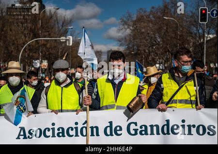 Madrid, Spanien. 23rd Januar 2022. Die Demonstranten werden während einer Demonstration zur Verteidigung des ländlichen Raums und der ländlichen Welt gesehen, an der Tausende von Bauern aus dem ganzen Land teilnahmen. Die Vereinigung „Alma Rural“ hat unter dem Motto „große Demonstration der ländlichen Welt“ als Reaktion auf die vom Primärsektor erlittene Situation zu protestieren und zu Veränderungen in der Agrar-, Vieh- und Umweltpolitik zu fordern. Quelle: Marcos del Mazo/Alamy Live News Stockfoto